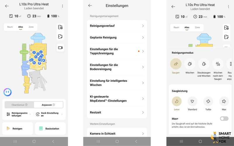In unseren Bildern siehst Du einige Beispiele der App-Oberfläche des Dreame L10s Pro Ultra Heat.